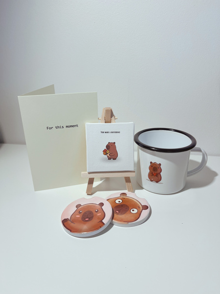 Moments of Impact set met emaille mok, mini canvas en Capybara-onderzetters